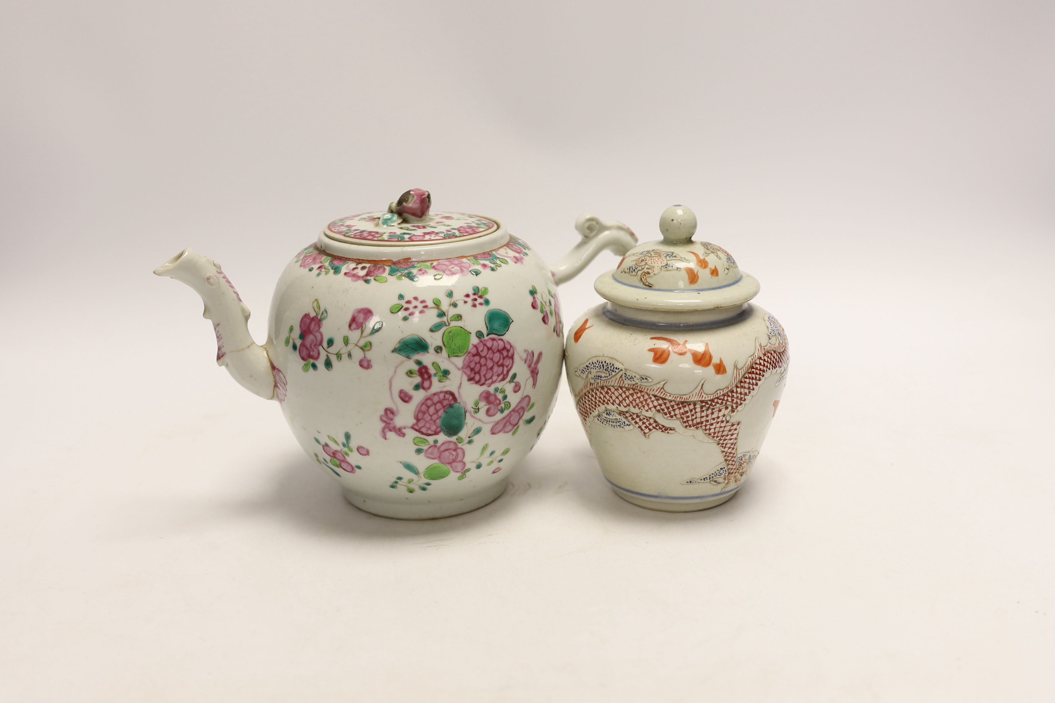 An 18th century Chinese famille rose teapot (a.f) and a ‘dragon’ jar and cover, tallest 14cm